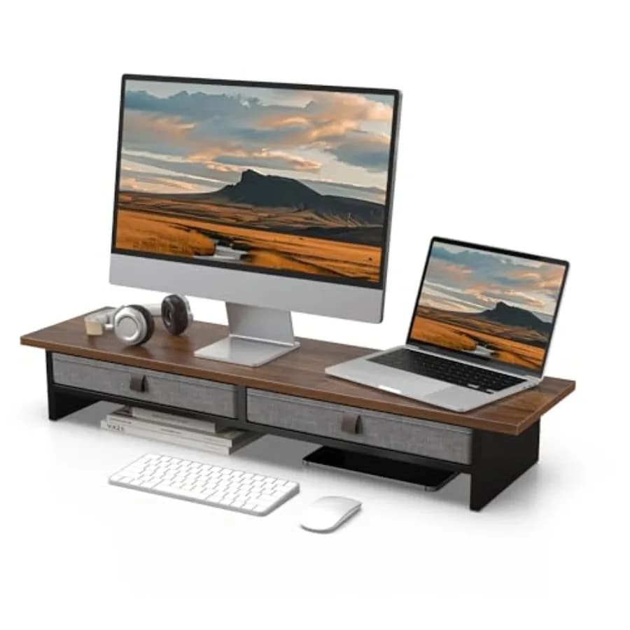 Supporto per Monitor a 2 Livelli con Cassetto per Scrivania, Rialzo per Monitor Doppio da 35 Pollici in Nero, Organizzatore da Scrivania Regolabile per Casa e Ufficio
