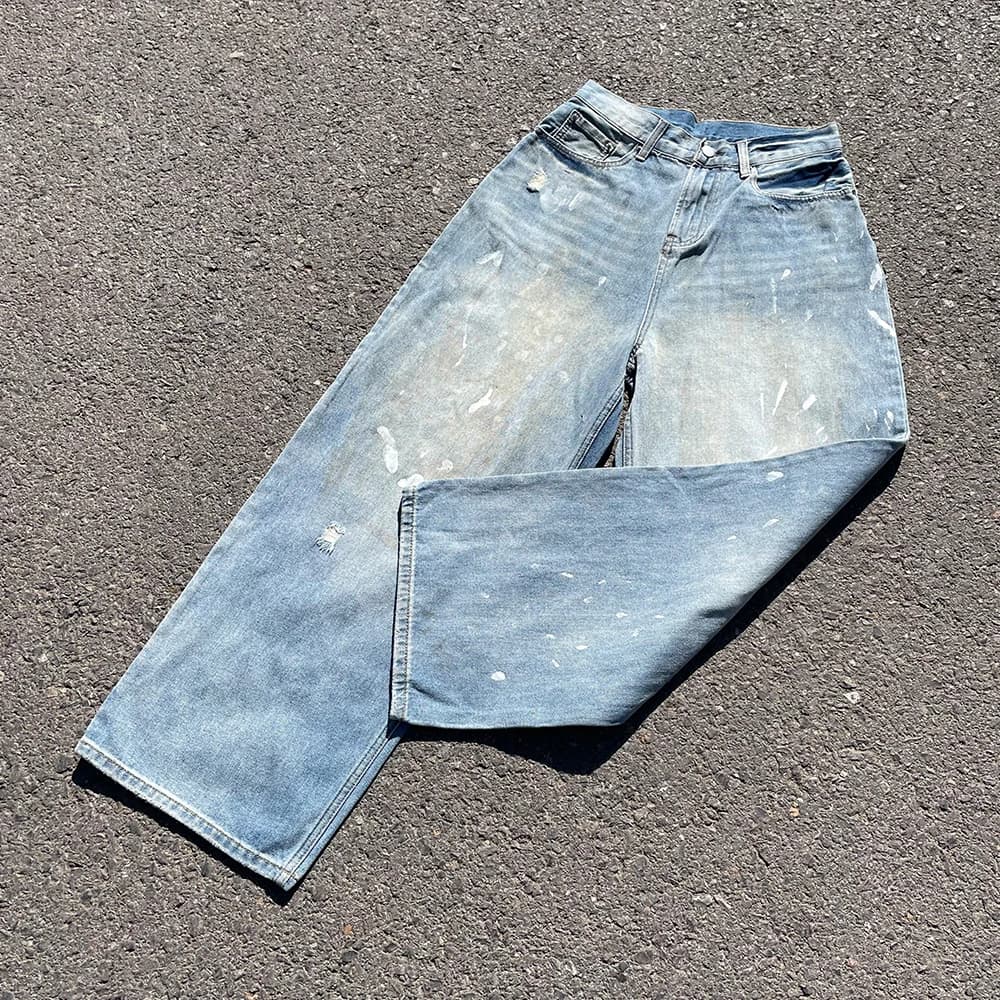 Heavily Washed Spray Design Wide Leg Jeans by Wang You Bing Studio Small Audience Sensation Quality Craftsmanship