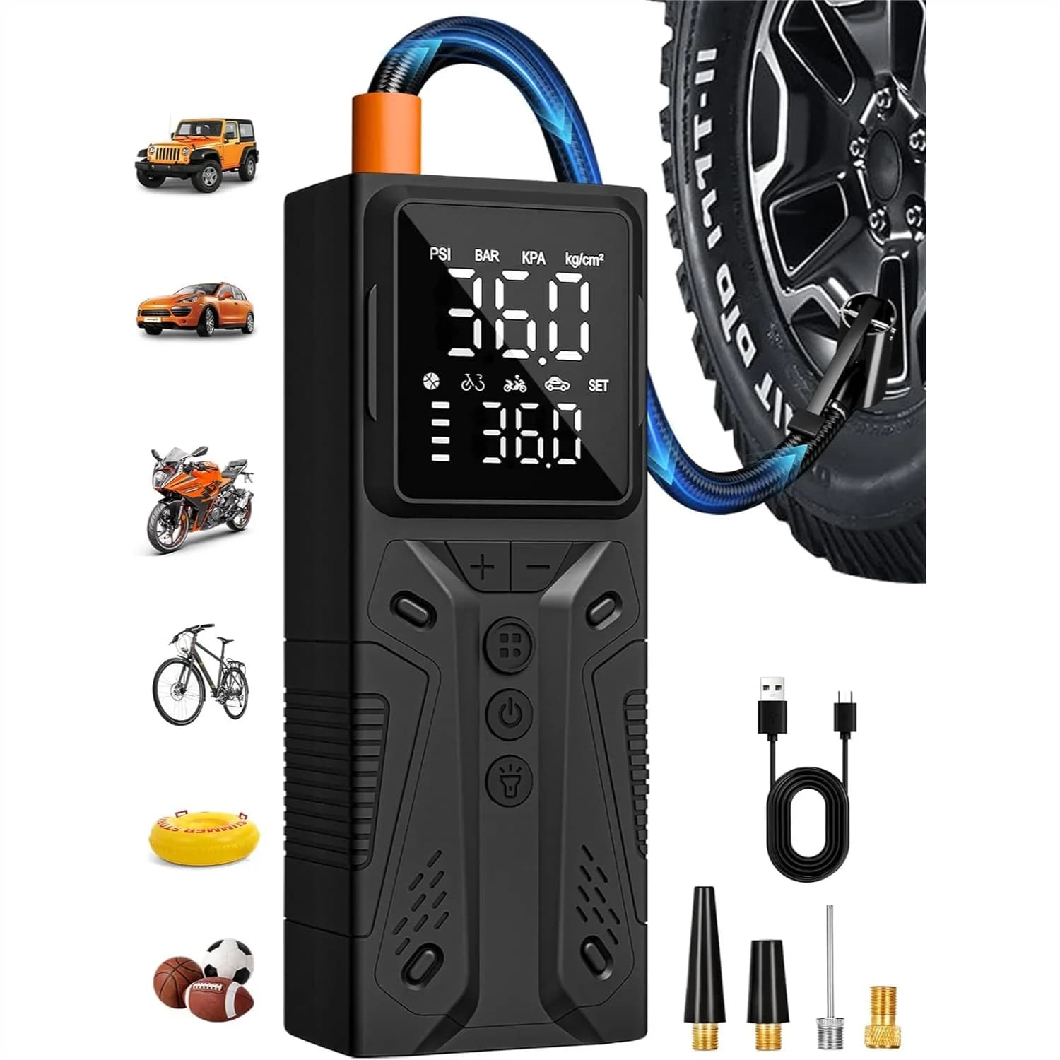 Compressore d'aria portatile per gonfiaggio pneumatici, pompa ad aria senza fili da 150 PSI per pneumatici auto con spegnimento automatico, gonfiaggio rapido per auto, bici