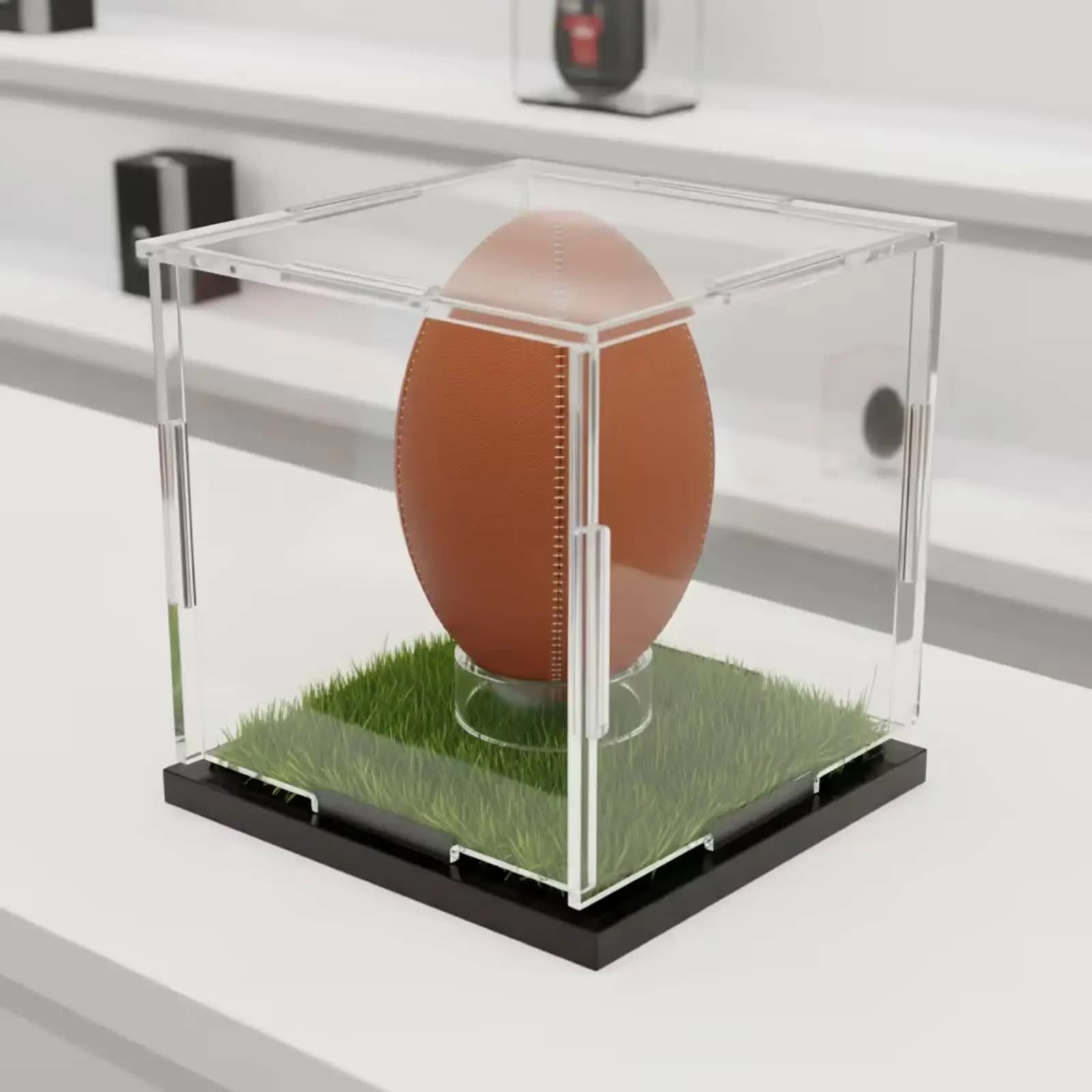 Acrylic Storage Container Football Show Box with Black Base and Turf Stand for Collectible Ball Display