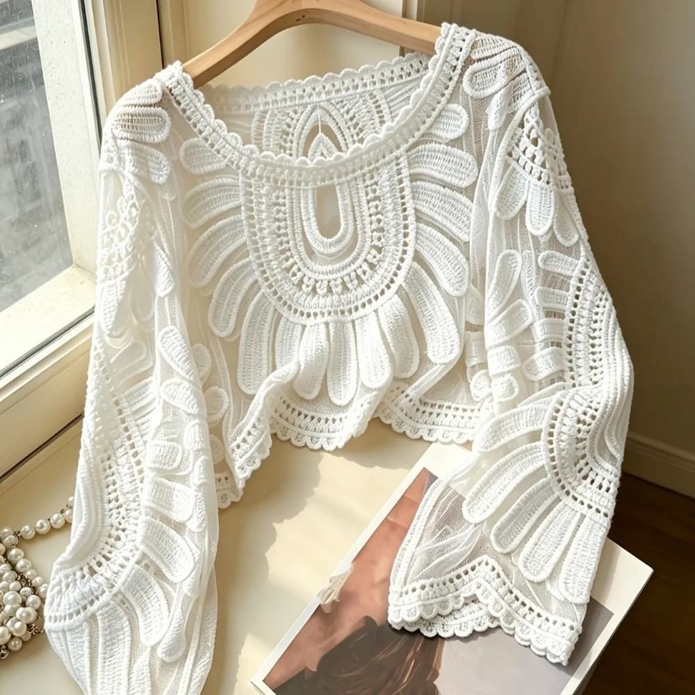 Elegant Lace Embroidery Sunscreen Cover Up Transparent Long-Sleeved Mesh Shawl Beach Round Neck Short Sheer Top Seaside