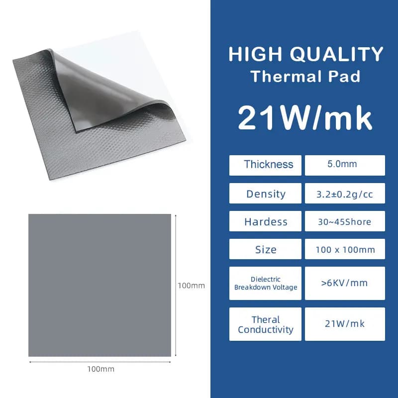Pad Termico in Silicone 21W 100X50, Spessore 5.0mm, Riempitivo per Spazi Vuoti, per Laptop, PS4, CPU, GPU