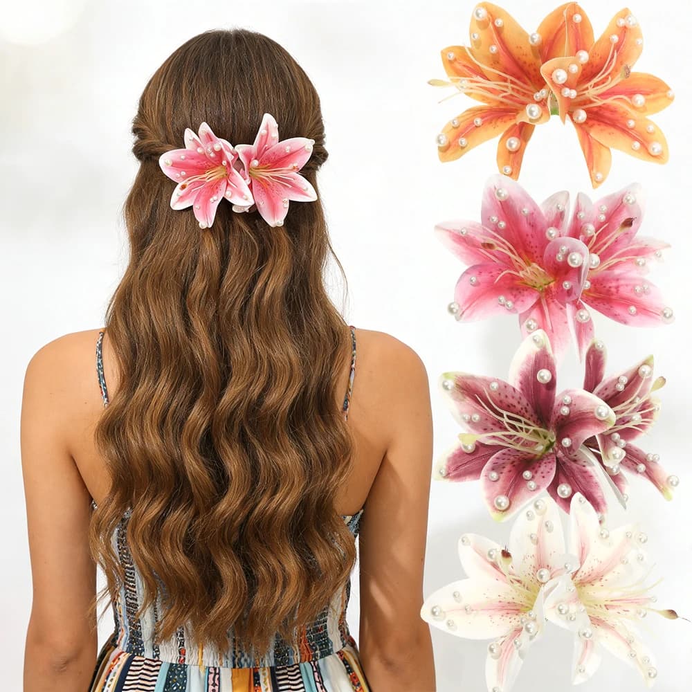 AWAYTR Fermagli per capelli con perle artificiali a forma di giglio, graziosi accessori floreali romantici per capelli, fermagli laterali per ragazze, dolci fermagli per capelli