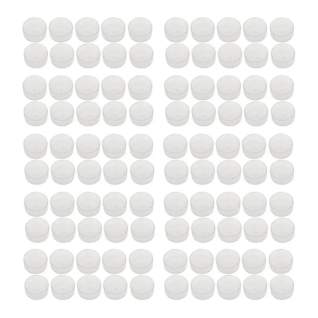 Pratiche tazze tealight rotonde trasparenti in plastica da 100 pezzi, resistenti, stampi per candele vuote, decorazioni per feste di matrimonio fai da te, scatole da collezione