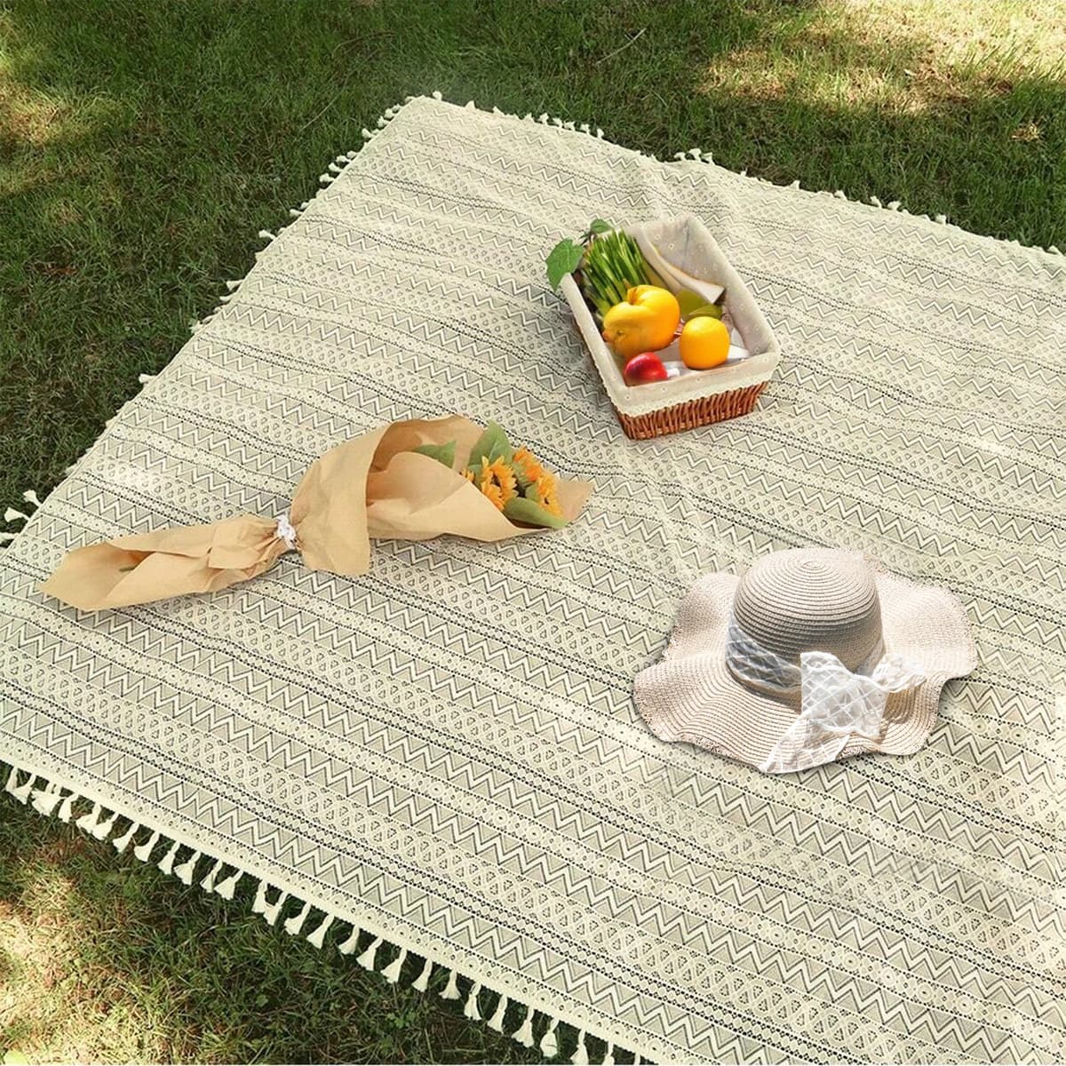 Tappetino da Picnic con bordo nappa in tessuto di pizzo 1pc con motivo a onde e triangolo, coperta da Picnic adatta per il campeggio e le riunioni di famiglia