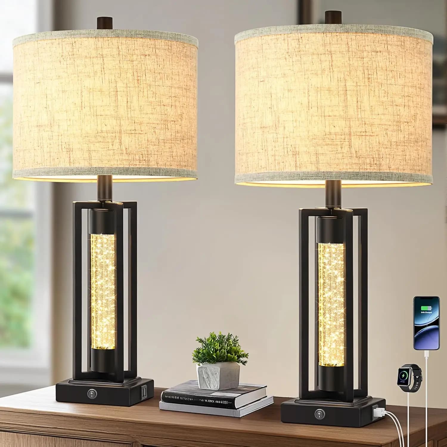 Lampade da Tavolo Stile Fattoria da 26'' con Luce Notturna in Cristallo, Porte USB e Paralume in Lino per Soggiorno e Camera da Letto