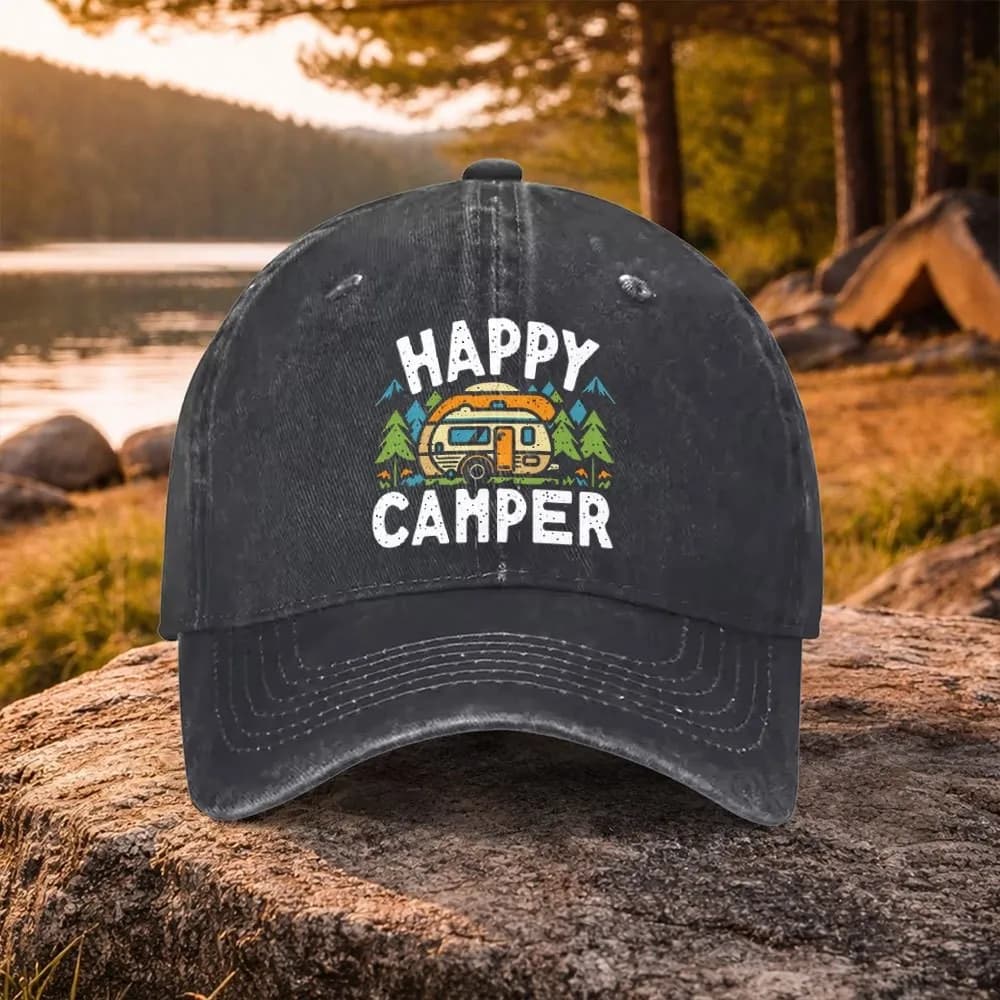 Happy Camper Print Washed Baseball Cap Unisex Cotton Hat for Outdoor Golf Daily Wear