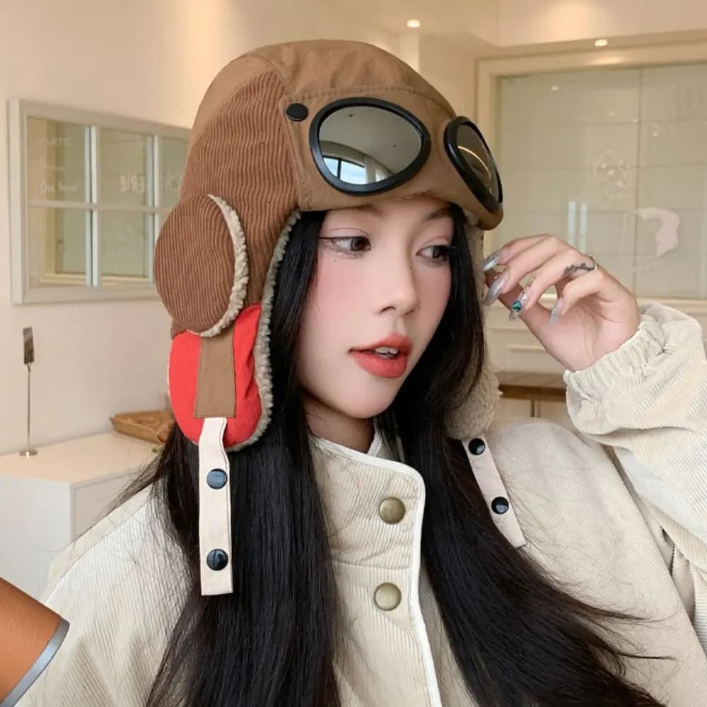 Soft Windproof Winter Pilot Hat With Goggles Beanie Ear Protection Warm Ski Hat Thickened Warm Earflap Cap Women/Men