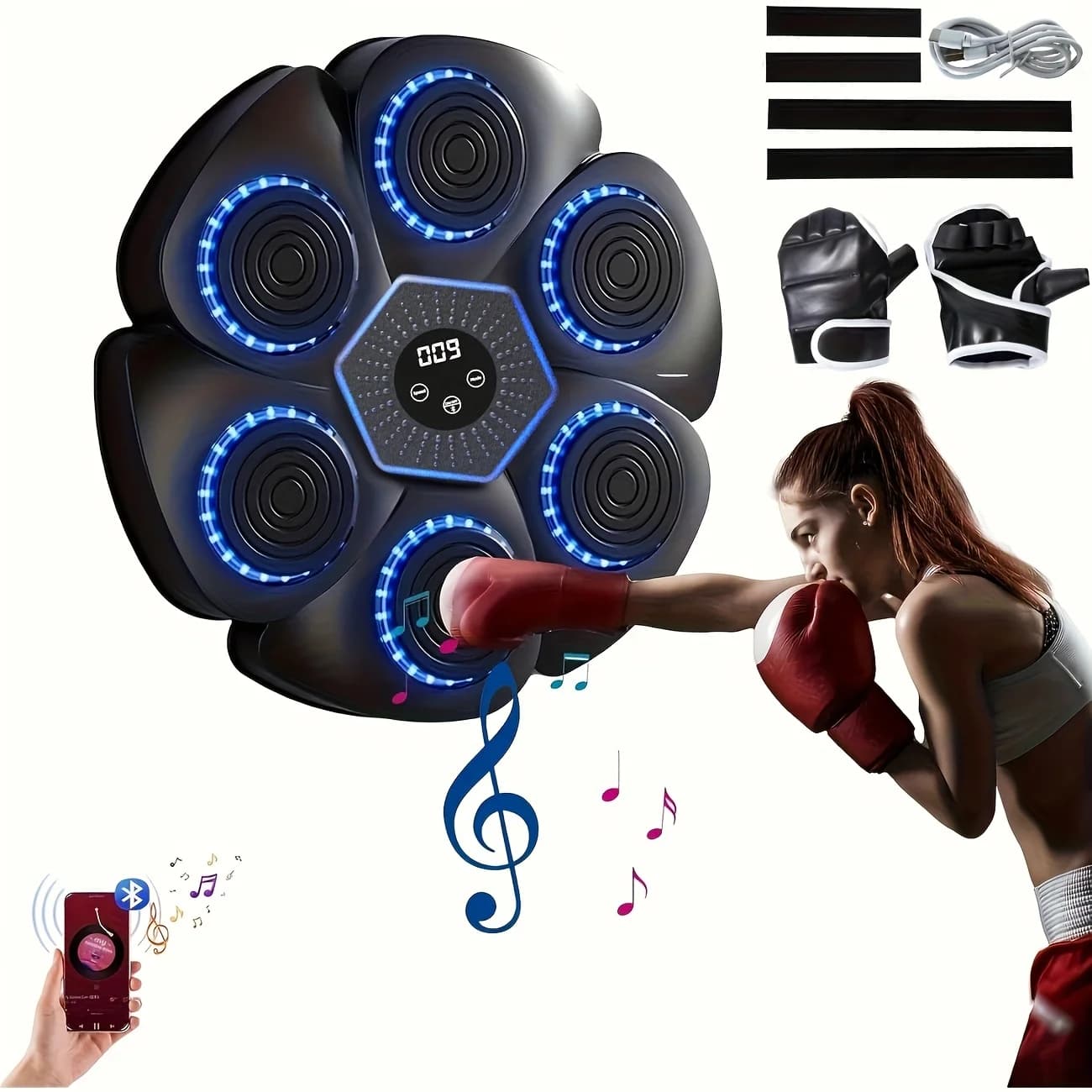 Wall-mounted boxing reflector – Boxing cap with LED lights and home fitness gloves