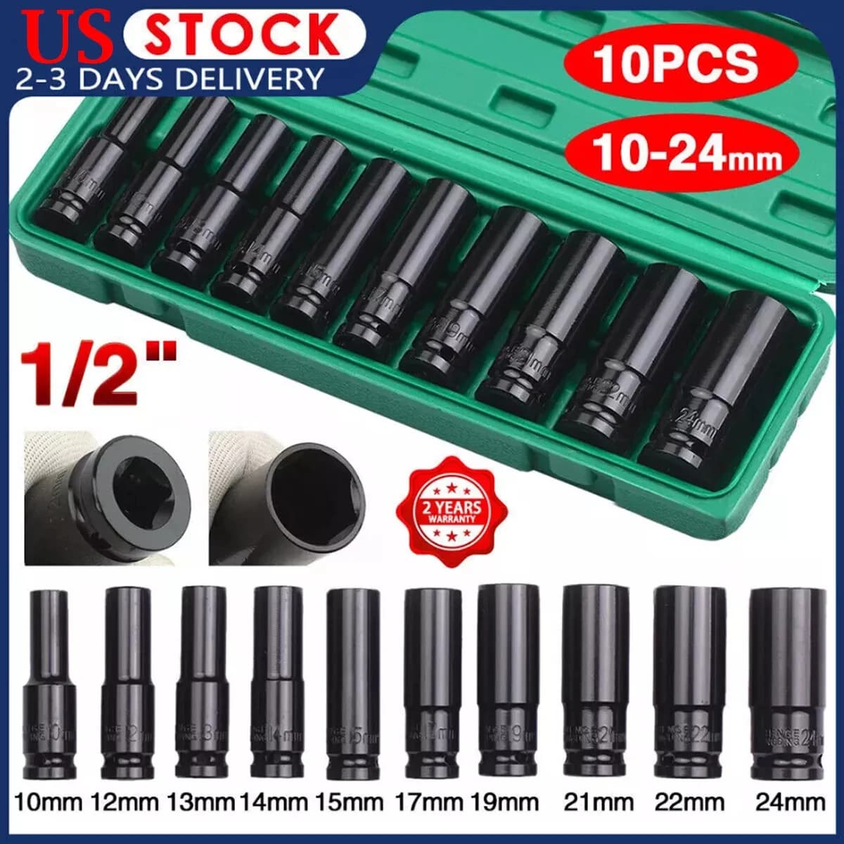 10pcs 1/2" Drive Deep Impact Socket Set Drive Metric Wrench Socket Deep Impact Socket Pneumatic Wrench Head Tire Removal Tools