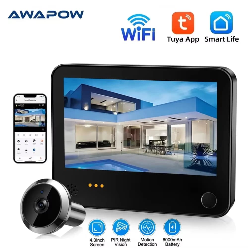 Awapow Tuya WiFi Telecamera di sorveglianza per porta Citofono visivo Campanello digitale Telecamera PIR Rilevazione movimento Videocitofono senza fili