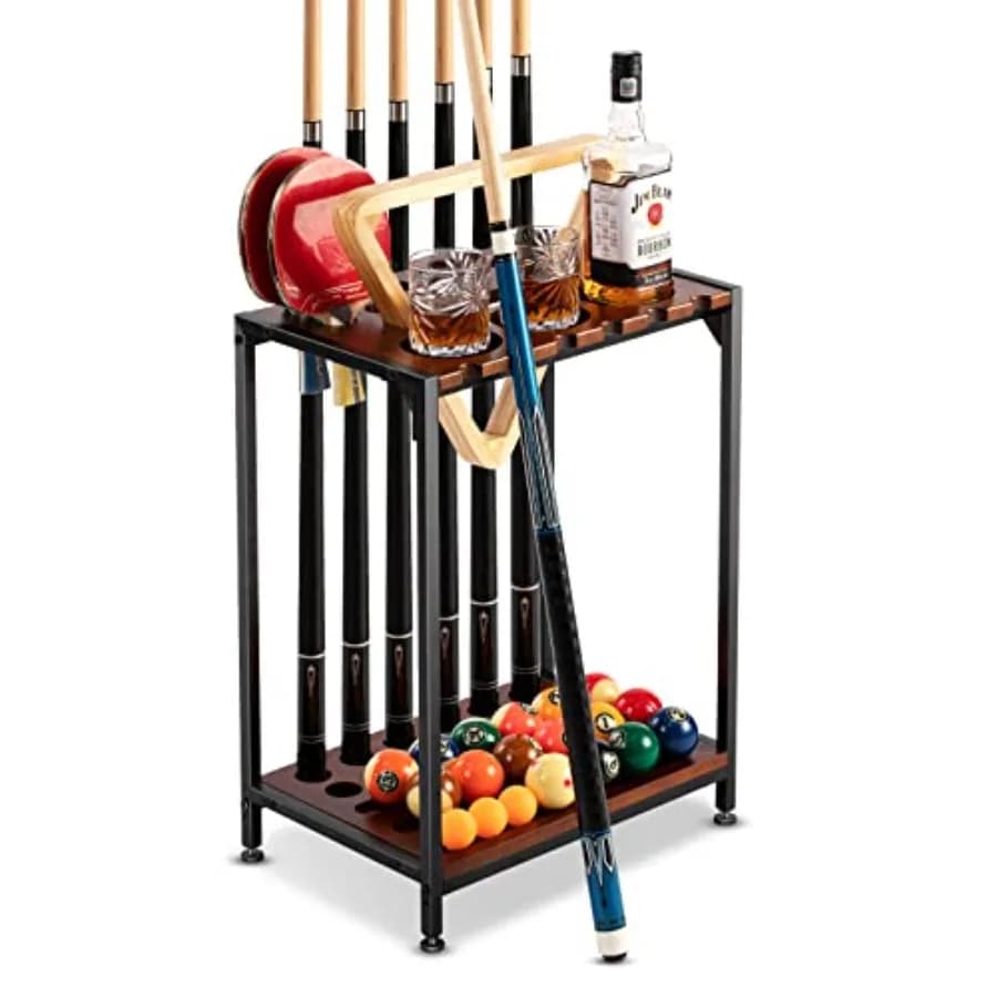 Portastecche da Biliardo - Supporto da Terra per Stecche da Biliardo e Porta Racchette da Ping Pong in Legno Duro per 12 Stecche