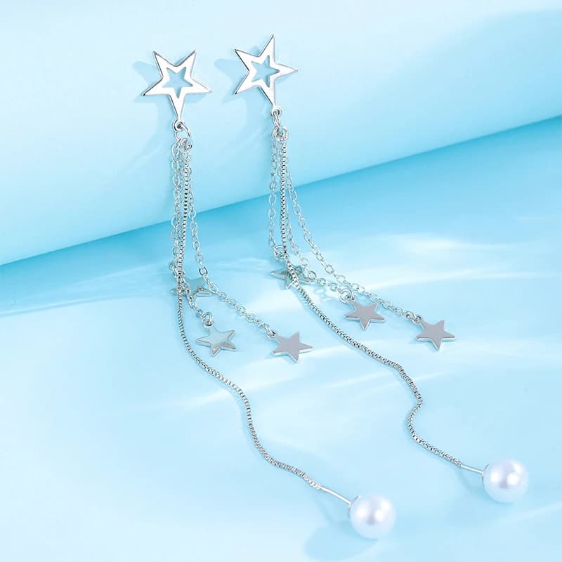 Orecchini a bottone con stella di perle di lusso femminile in argento Sterling 925 con nappe lunghe pendenti con orecchie Vintage all'ingrosso di gioielli da sposa