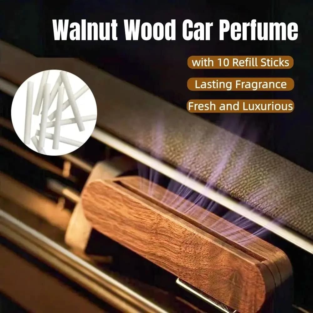 Profumatore per Auto in Legno Naturale Solido con 10 Bastoncini di Ricarica, Deodorante per Auto a Lunga Durata, Diffusore per Interni Auto