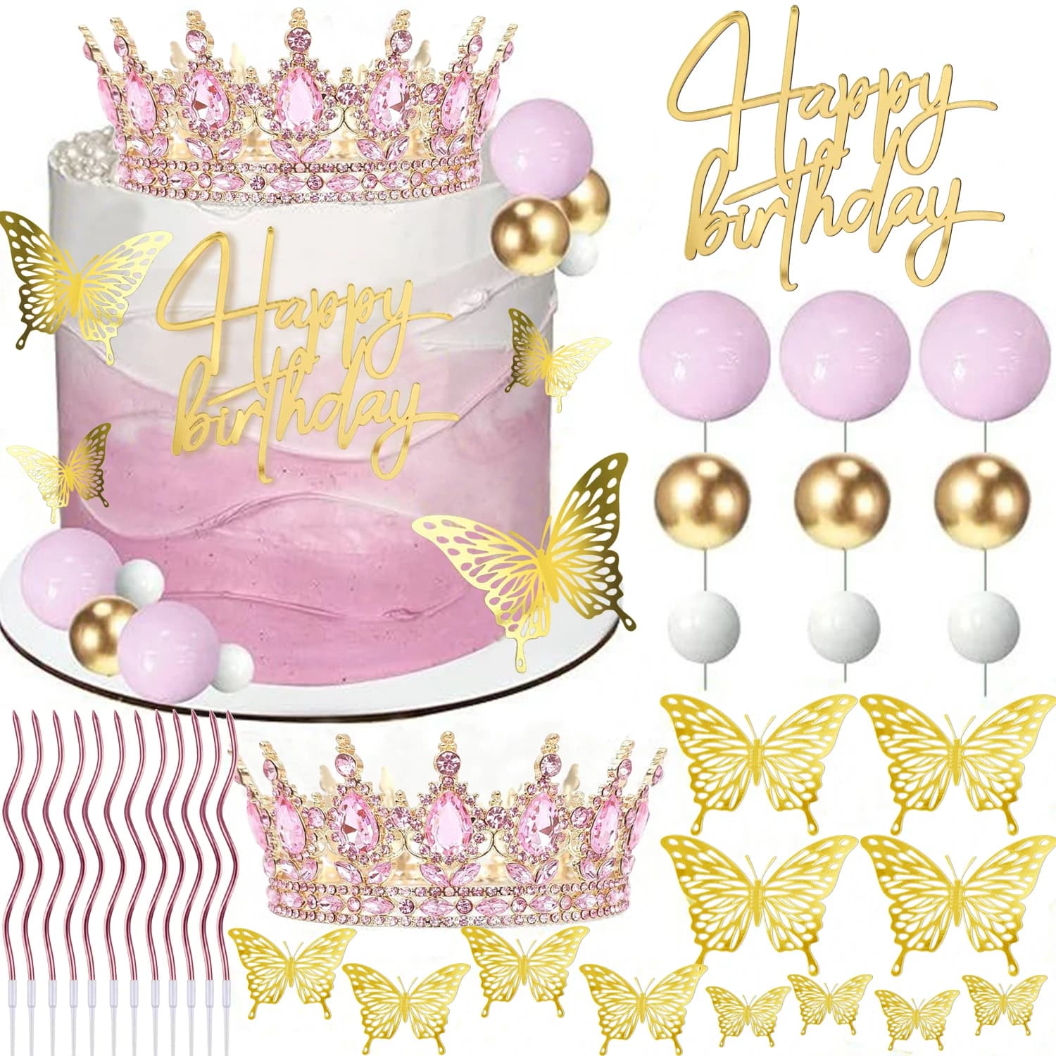 1 set oro rosa argentato corona cake topper palla torta di buon compleanno con corona candele di compleanno farfalla dorata torta nuziale deco