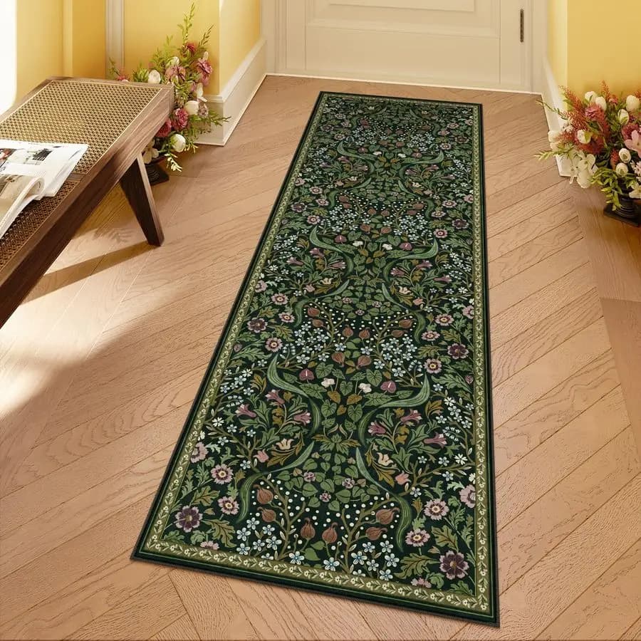 Floral kitchen mat 2x6, washable runner for hallways Soft green non-slip bath mat, ultra slim botanist boho