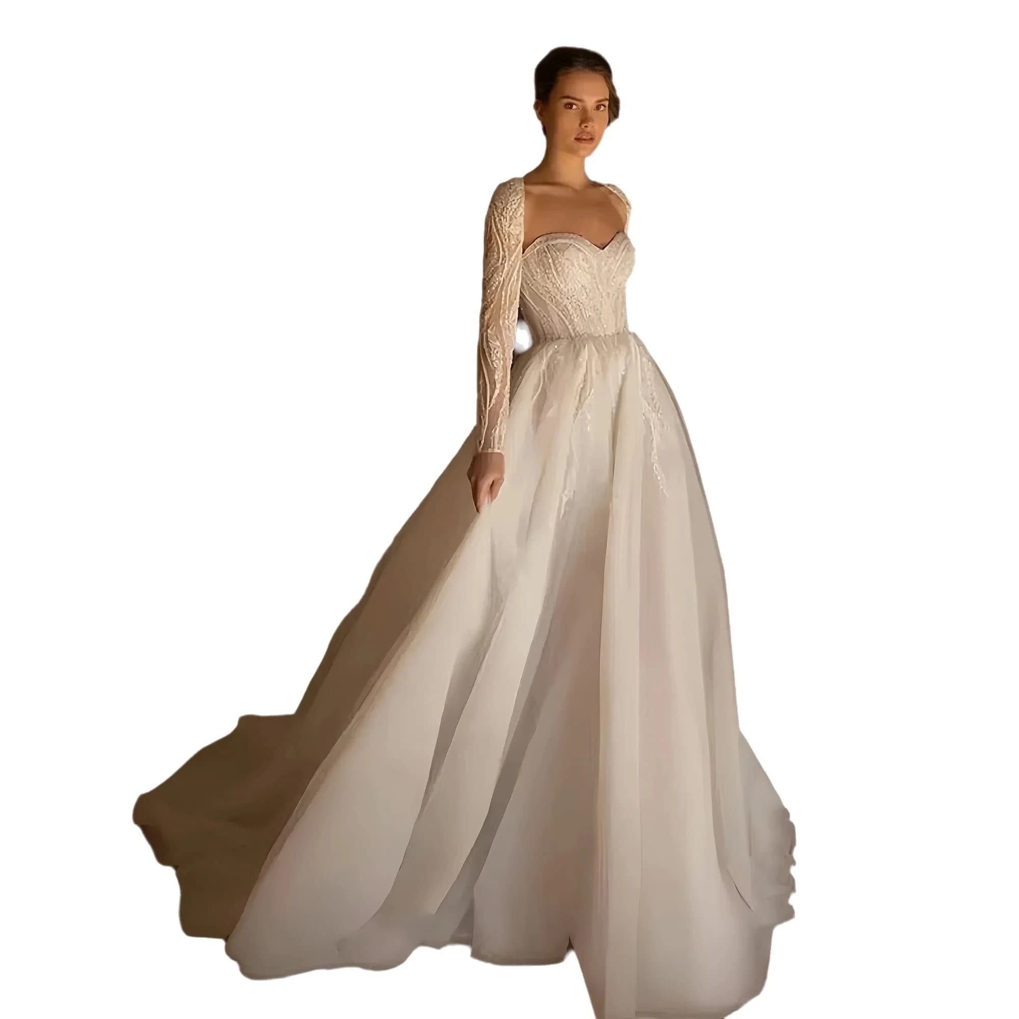 2025 Elegante abito da sposa a-line Sweetheart Ricamo Perline Maniche lunghe Una linea Organza Sposa Brida Grown Abiti da Noiva