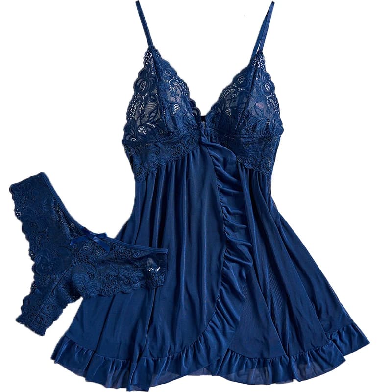 Pigiama Trasparente in Pizzo Blu per Donne, Set Babydoll e Abbigliamento da Notte