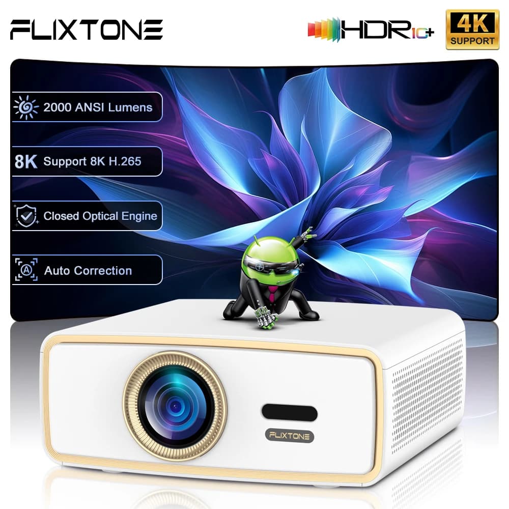 Proiettore Portatile Flixtone E900 MINI 8K 4K Full HD, Video HDR10, 3G 64G, 2000 ANSI, Android, Home Theater Cinema Beamer