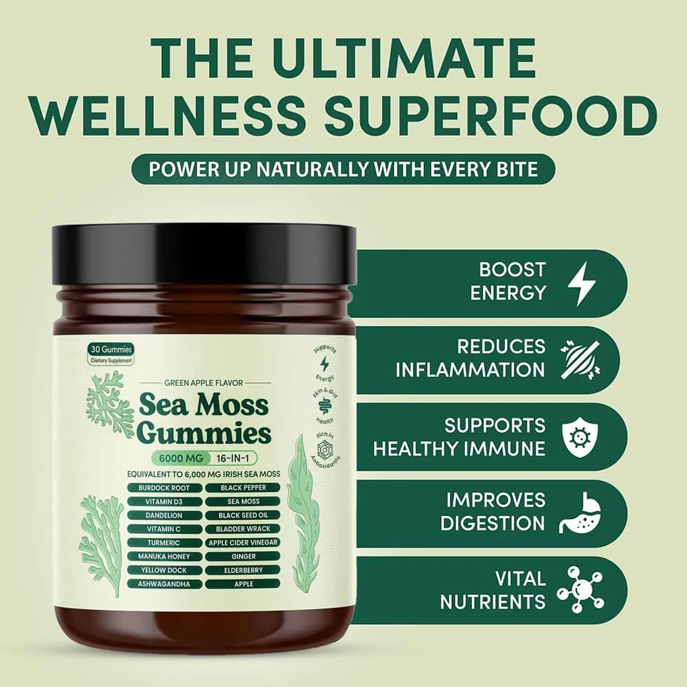 Gommose di Muschio Marino 16-in-1 con Olio di Semi Neri, Ashwagandha, Gommose di Muschio Marino Irlandese per Supporto Immunitario, Benessere e Digestione