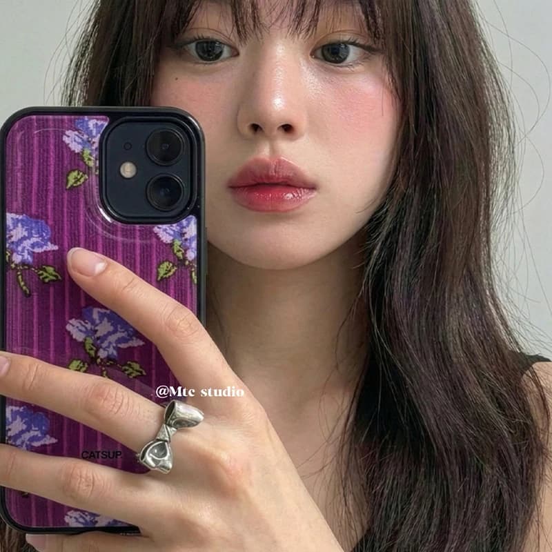 Korean Ins Summer Purple Striped Flowers Border Drip Glue Phone Case For iPhone 17 Air 16 Pro Max 15 14 Plus 13 12 11 Back Cover