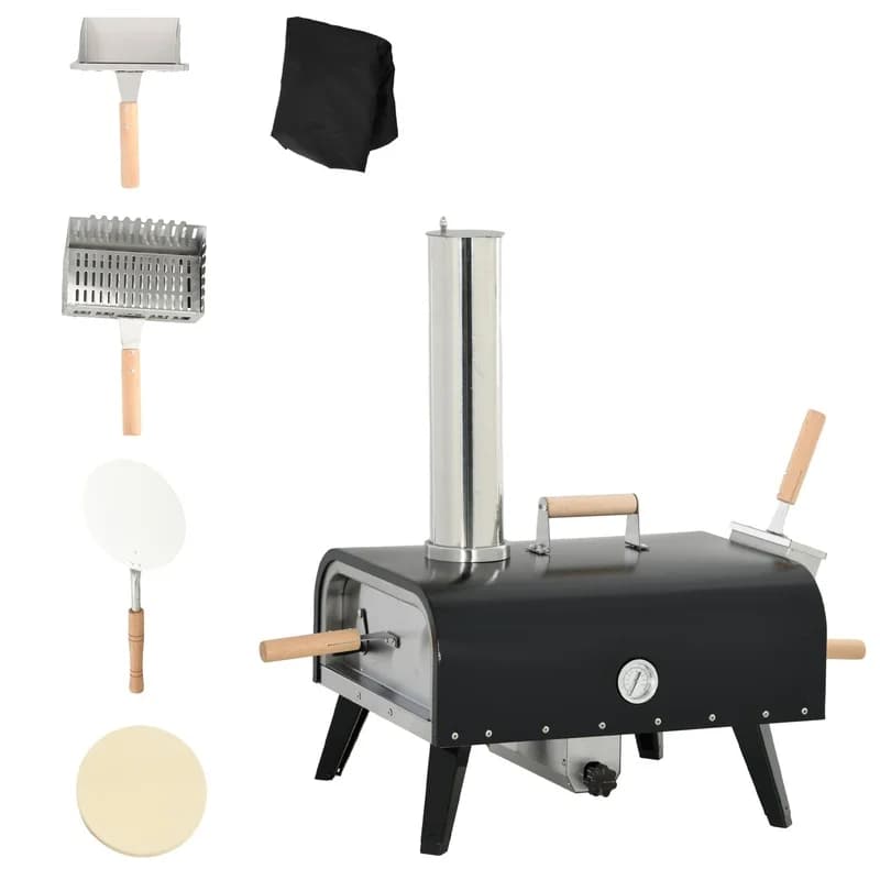 Outsunny Portable Pellet Wood-Fired Pizza Oven with 12" Rotating Stone, Peel, Cover, Foldable Legs, Stainless Steel Outdoor Pizza Grill for Backyard or Patio