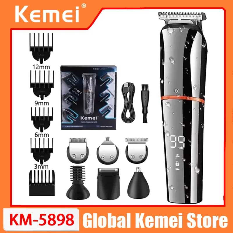Kemei KM-5898 Kit per la Cura Personale Lavabile, Rasoio Elettrico, Regolabarba, Tagliacapelli Ricaricabile per Viso e Corpo