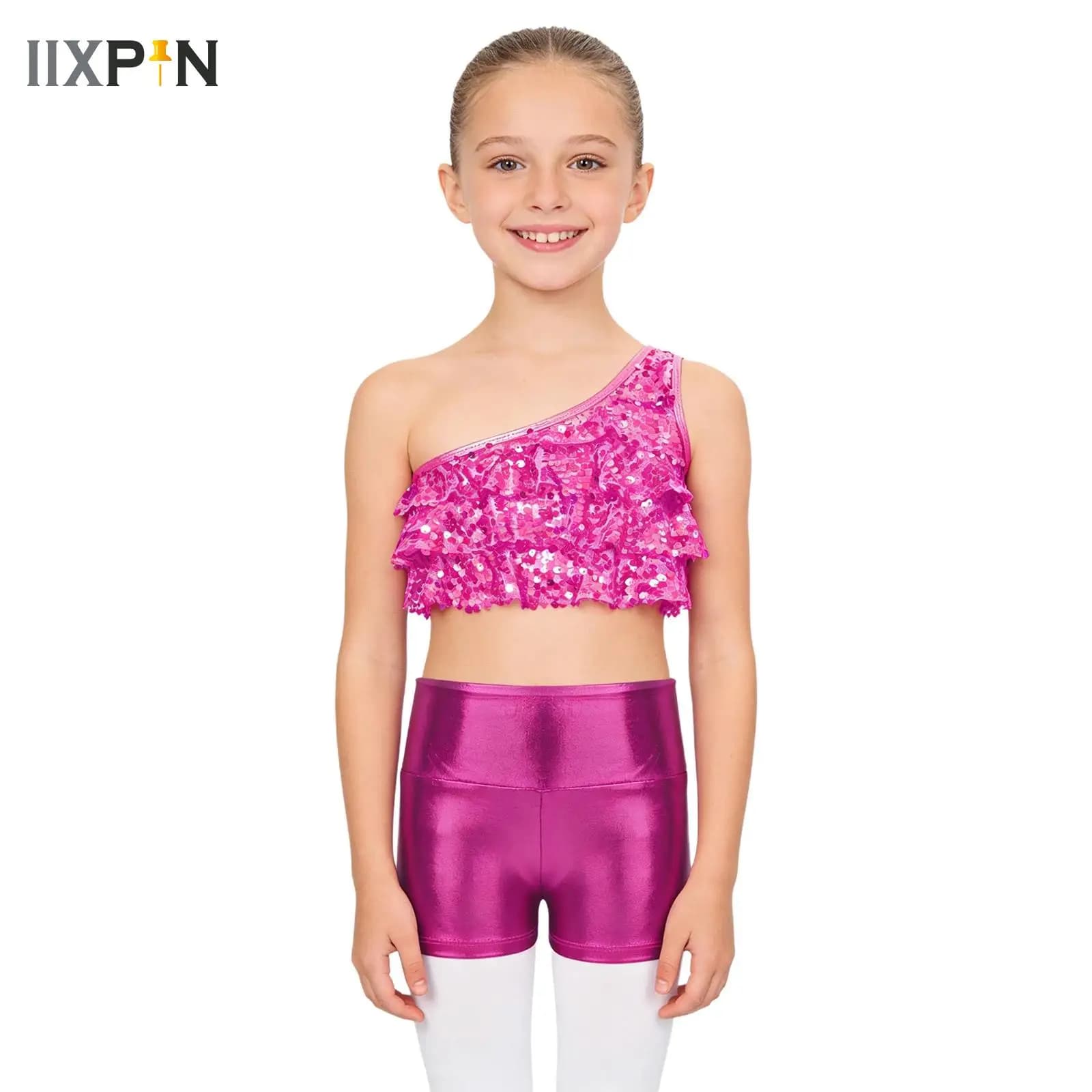 Costume da ballo jazz per bambine, 2 pezzi: top corto monospalla trasparente con paillettes e gonna pantaloncino metallizzata per performance di cheerleading