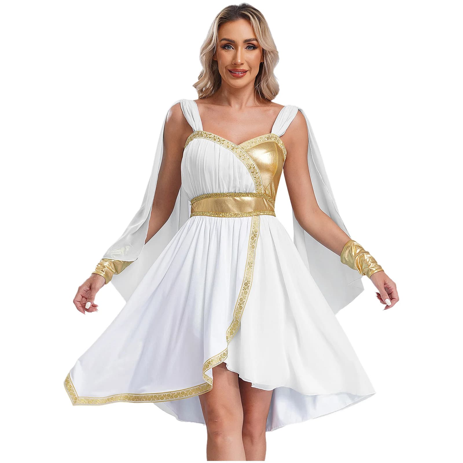 Women Ancient Greece Dresses Halloween Toga Dress Up Costume Gold Stamped Chiffon Dress and Cuffs for Theme Party Performance