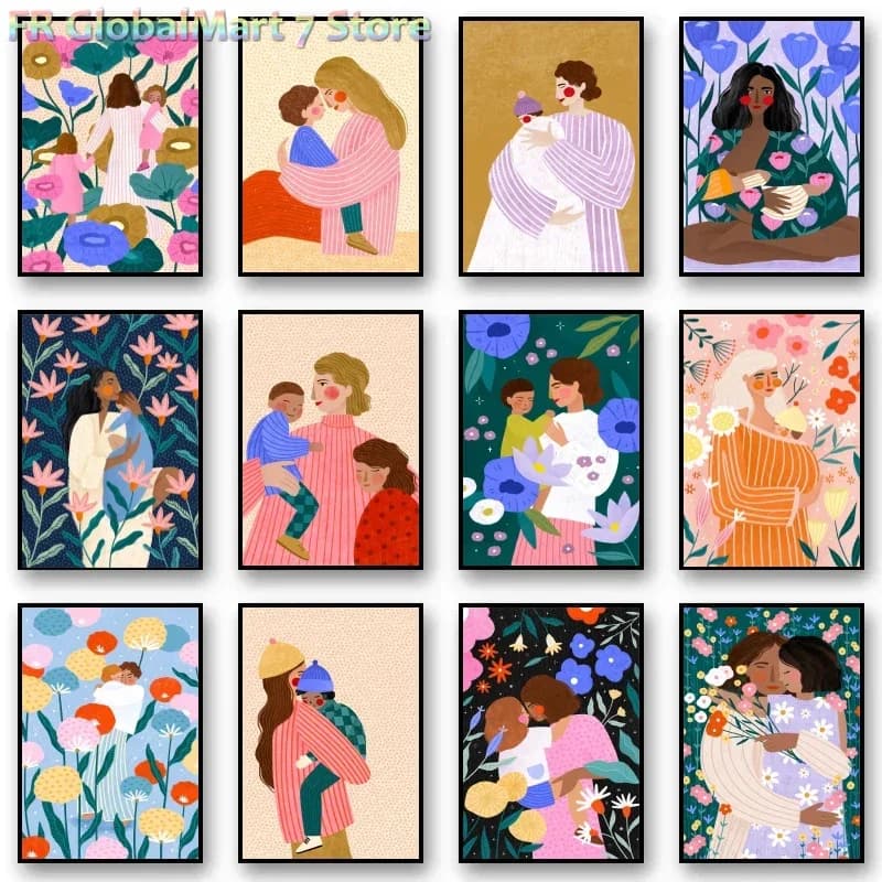 Round/Square Diamond Painting Motherhood Art Print Diamond Painting Young Mum and Kids Poster Maternal Love Floral Nursery Kid