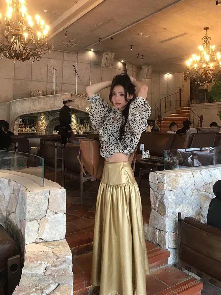 Strive Umei Large Size Women's Shirt Set with Bell Sleeves And Midi Skirt Leopard Print Summer Fashion High Waist A-Line Skirt