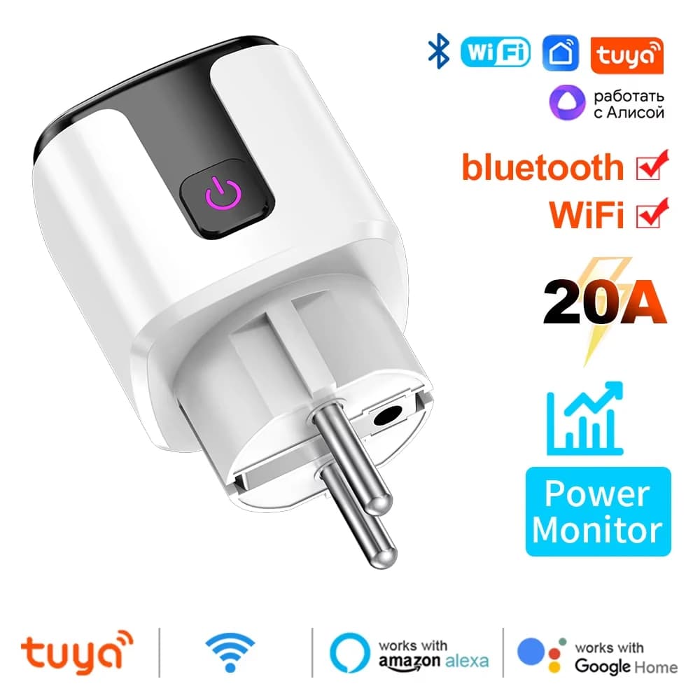 Tuya Smart EU Plug 20A Socket With Power Monitoring Timer WiFi Child Lock Outlet Google Home Alice SmartThings Alexa