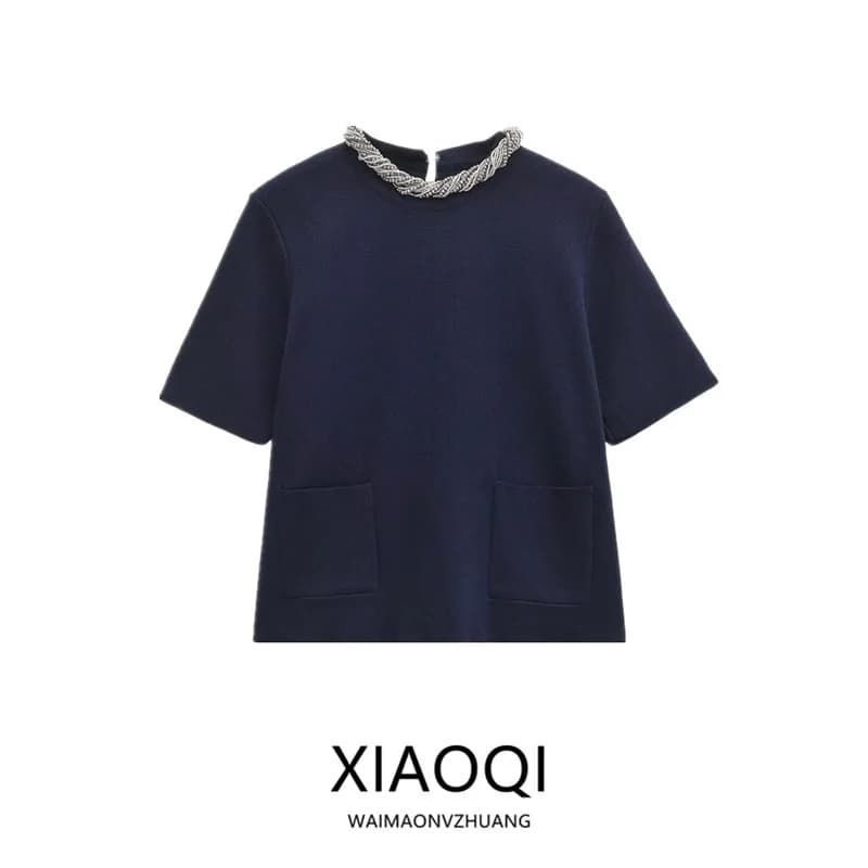 Nuova Maglia Autunnale 2024 da Donna con Collo Rotondo, Maniche Corte, Colletto con Perline, Versatile e Comoda, Stile Casual, Lavorazione a Maglia