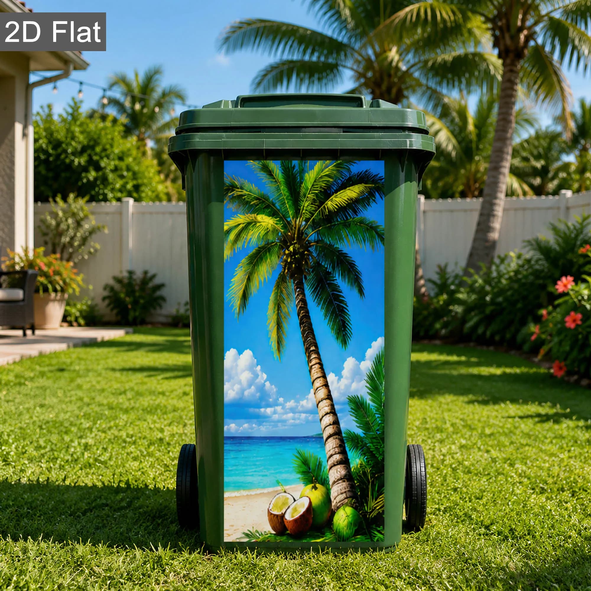 Tropical Palm Beach Wheelie Bin Sticker - Waterproof Peel and Stick Trash Can Decal, Weatherproof Outdoor Dustbin Decor Garden