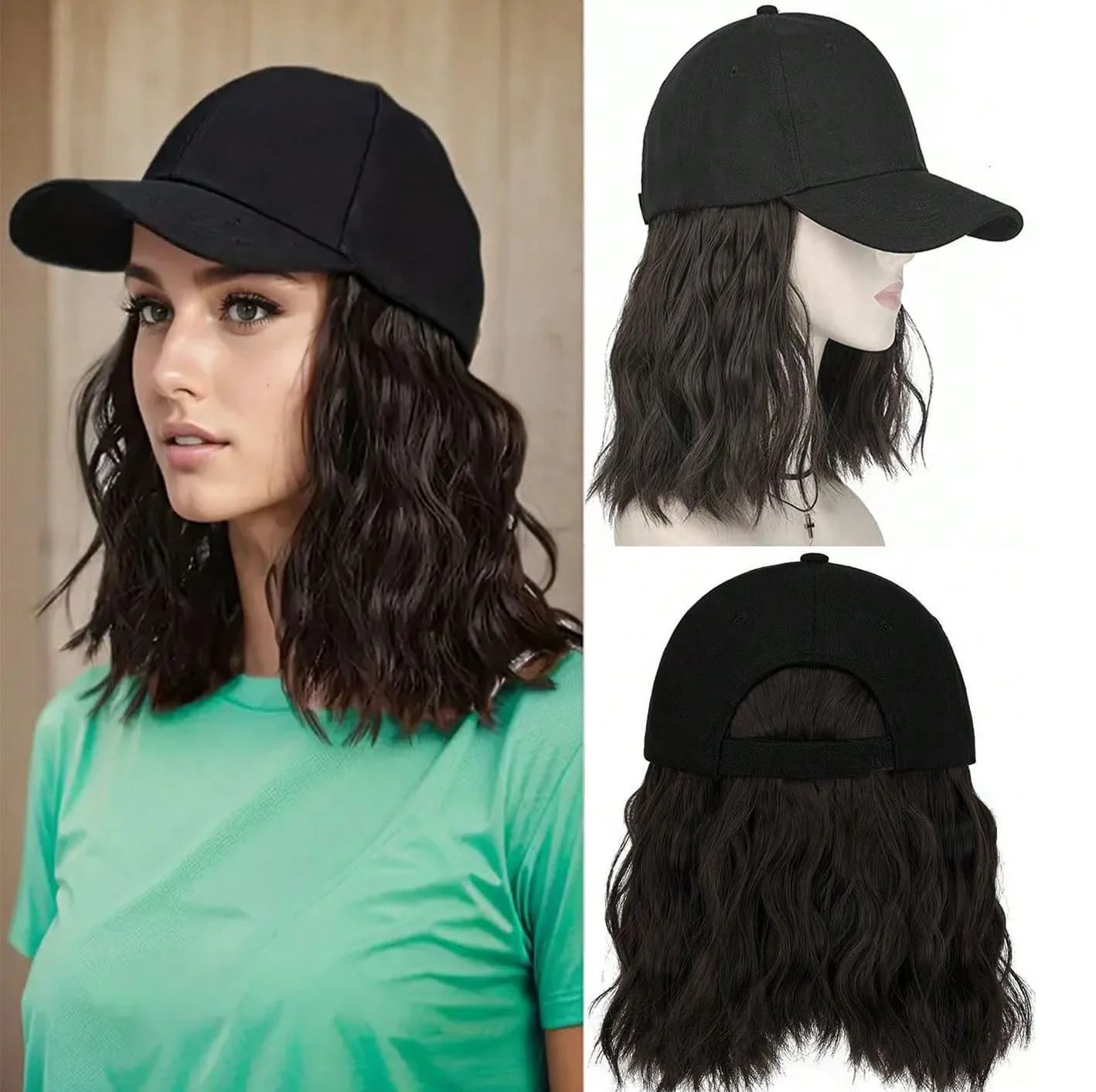 Women's Hat Wig, Short Wave Baseball Cap Wig With Curly Synthetic Extensions, Adjustable Brown Baseball Hat Wig