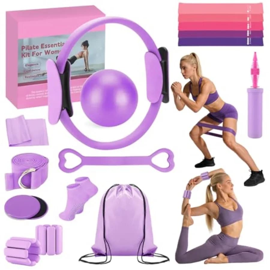Kit Pilates per Allenamenti a Casa, Set di Attrezzature Pilates con Anello, Palla, Bande di Resistenza, Accessori Pilates, Essenziali per Pilates