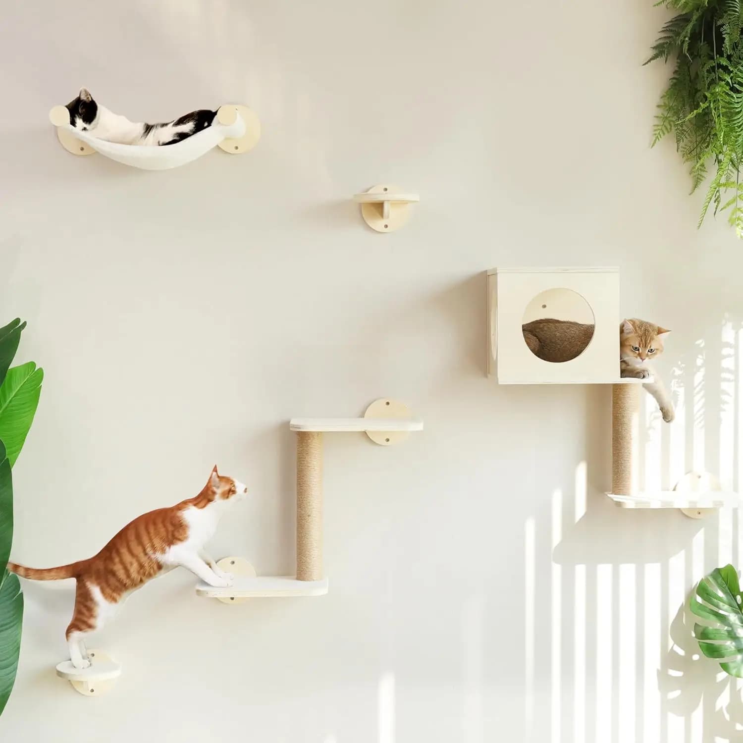Set di 5 Mensole da Parete in Legno per Gatti con Amaca, Casetta, Gradini e Tiragraffi in Beige
