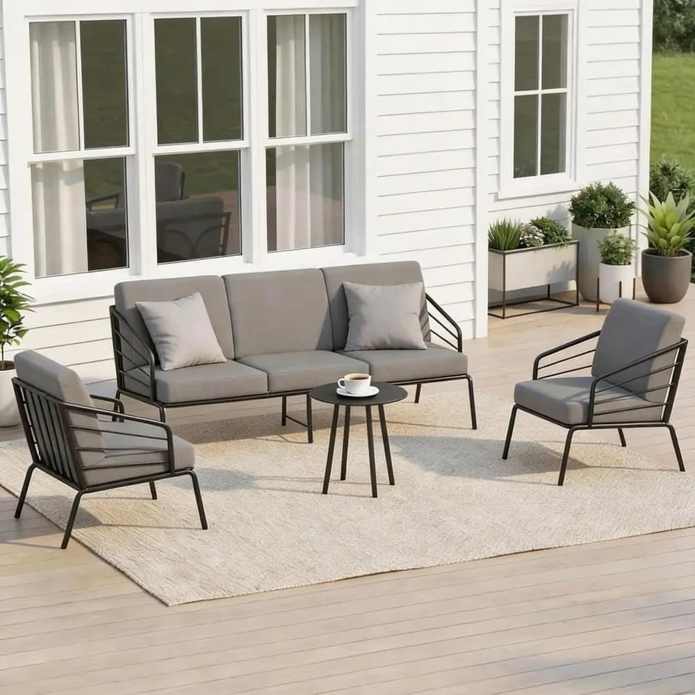 Set di mobili da giardino in 4 pezzi con cuscini spessi, divano e sedie da esterno in metallo per balcone, portico o giardino (grigio chiaro)