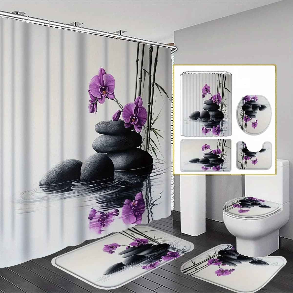 Set tenda da doccia da 4 pezzi "Orchidea viola e Zen Stones", arredamento bagno "stile spa", incluso tappetino da bagno, tappetino a U
