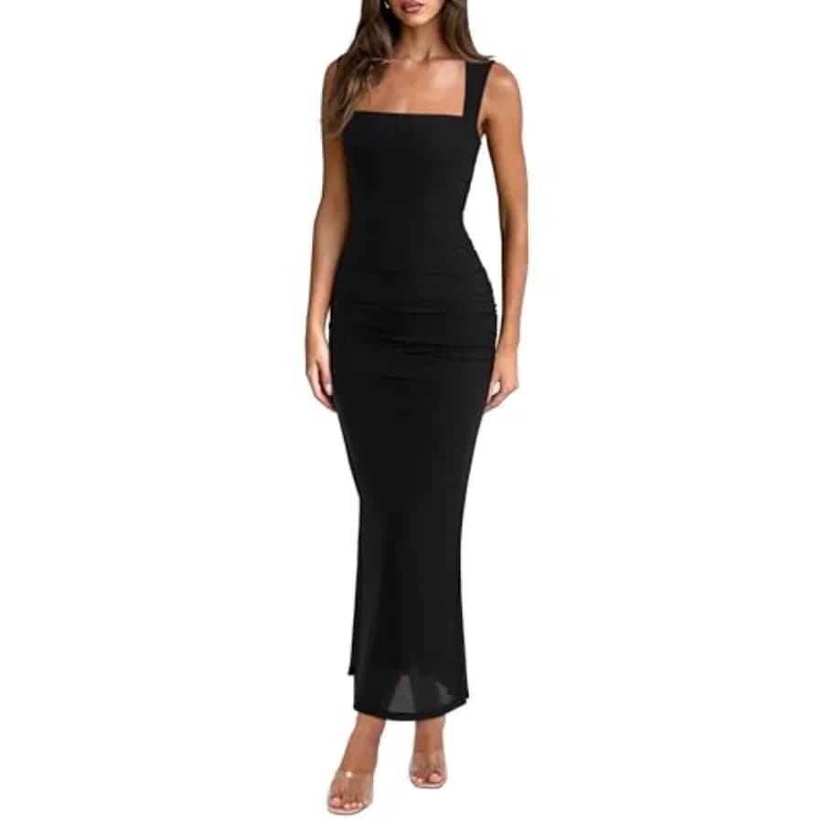 REORIA Abiti Lunghi Estivi da Cerimonia per Donna, Senza Maniche, Scollo Quadrato, in Rete Trasparente, Arricciati, Aderenti, Vestito Lungo alla Moda