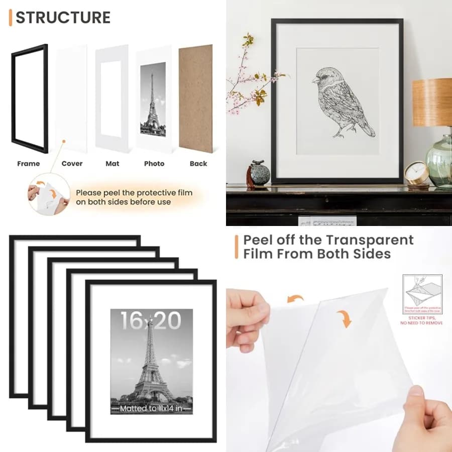 Set di 5 Cornici per Foto 16x20, Espositore per Immagini 11x14 con Passepartout o 16x20 Senza, Cornici da Parete per Poster