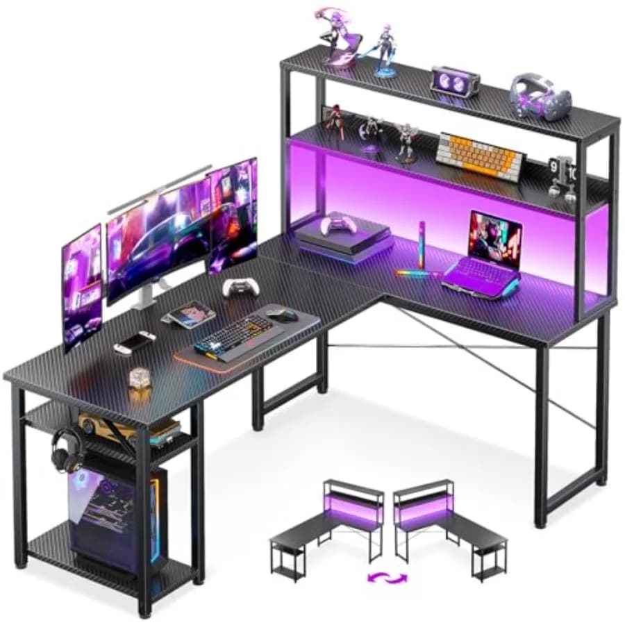 Scrivania da Gaming a L da 53 Pollici con Soppalco e Gancio per Cuffie, Tavolo Angolare per Computer con Ripiani Portaoggetti per Ufficio Domestico, Nero