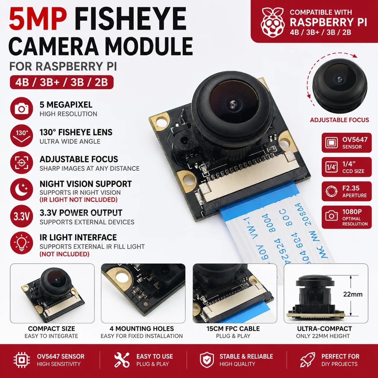 5MP OV5647 Fisheye Camera Module for Raspberry Pi 4B 3B+ 3B 2B, 130° Wide Angle Adjustable Focus, IR Night Vision Support