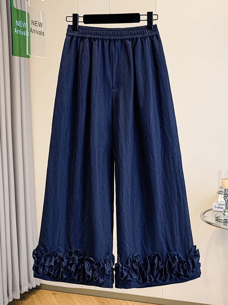 High Waist Wide Leg Denim Jeans Women plus Size Loose Fit Nine Points Elastic Waist Slimming Casual Pants