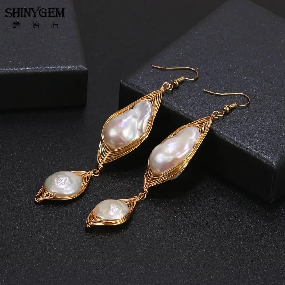 SHINYGEM Orecchini di perle naturali a forma di alieno barocco per le donne 14k placcato oro puro fatto a mano in argento 925 ganci per le orecchie 2026 gioielli