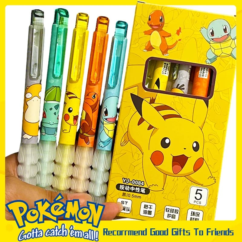 Set di 5 Penne Gel Pokémon, Kawaii Pikachu Squirtle Charmander, Penne a Pressione Anime Cartoon, Cancelleria Scolastica e da Ufficio, Regalo per Bambini