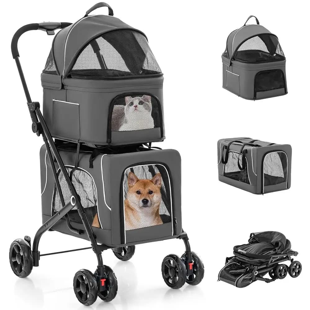 Passeggino Grigio per Cani e Gatti con Trasportini Staccabili, Cintura di Sicurezza e Ruote Bloccabili