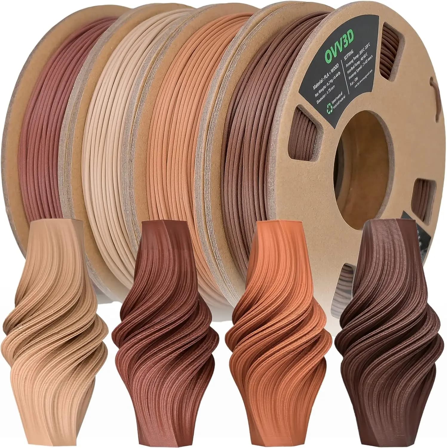 Filament PLA Wood Effect, 1.75mm with True Wood Fiber, Walnut Cherry Teak, 200g X 4 3D Printing Packs