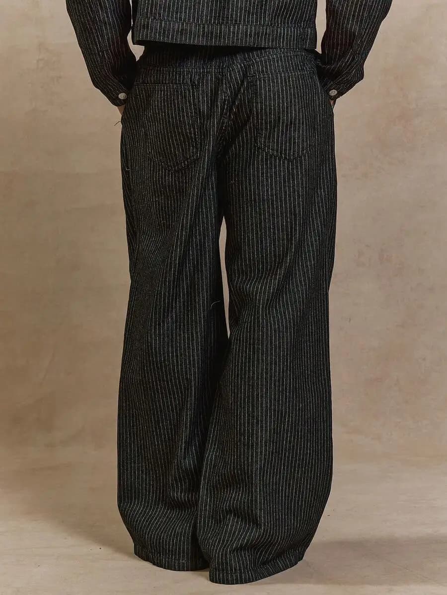 Pinstripe Denim Trousers Baggy Straight Leg Button Fastening Jeans Spring Summer