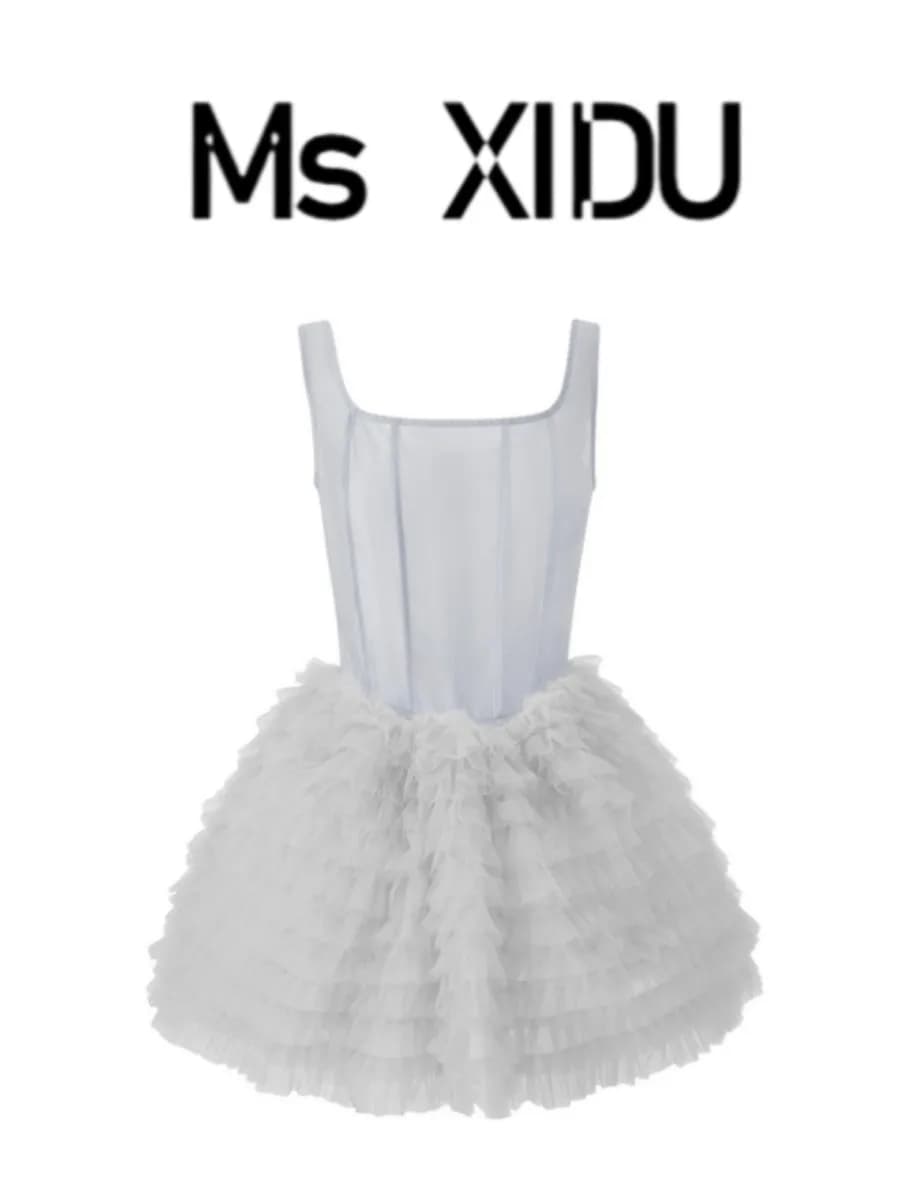 Ms XIDU Summer Women's Sweet Style Lace Sleeveless Square Collar Two-Piece Set A-Line Skirt And Dress Cake Skirt Dress
